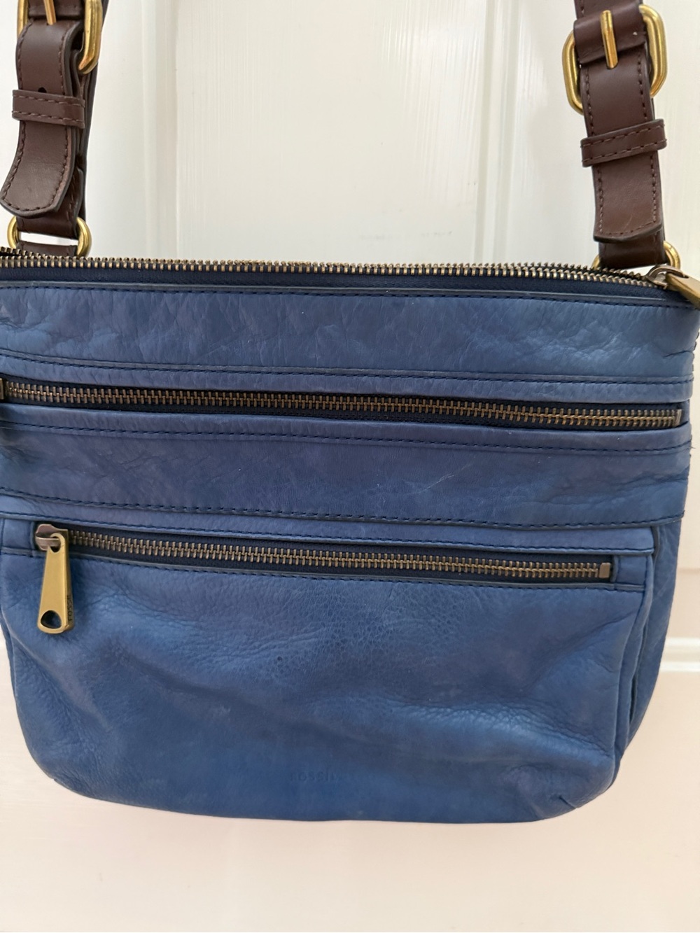 Fossil Blue Crossbody with Brown Strap and Gold Hardware